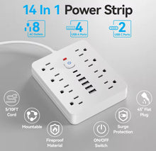 Cargar imagen en el visor de la galería, Protector contra sobretensiones de regleta de alimentación 14 en 1 con 8 salidas, 4 puertos USB y 2 puertos USB C, enchufe plano, soporte de pared, protección contra sobrecarga USB de escritorio MOD ZE-1153