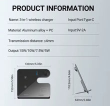 Cargar imagen en el visor de la galería, Carga inalámbrica magnética desmontable, de aluminio -3 en 1, 15W, carga rápida, Compatible con Apple Watch, Airpods, iPhone 15 14 16 MOD S1