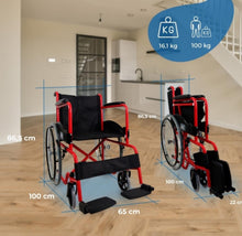 Cargar imagen en el visor de la galería, Silla De Ruedas Acero Plegable Economica Adulto Silla De Ruedas De Traslado Plegable Uso Rudo Descansa Pies Color Rojo y azul MOD G7