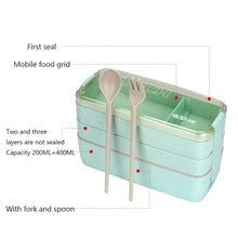 Cargar imagen en el visor de la galería, fiambrera ecológica Caja Bento para el almuerzo con cubiertos, fiambrera con 3 compartimentos de paja de trigo, apta para microondas, almacenamiento de alimentos, de 900ml MOD RO-7
