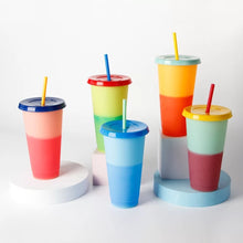 Cargar imagen en el visor de la galería, Paquete de 10 vaso mágico reutilizable de plástico portátil 710 ml con tapa y popote MOD 0011