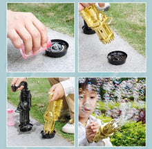 Cargar imagen en el visor de la galería, Pistola de burbuja en caja Máquina de burbujas eléctrica Gatling para niños, pistola de burbujas automática de oro y negro, función combinada de ventilador de pistola de juguete MOD 2025