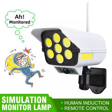 Cargar imagen en el visor de la galería, Lámpara Solar con detección de movimiento 77LED, iluminación de cámara simulada de seguridad de calle al aire libre con Control remoto IP65, foco de 3 modos para jardín. YH-2178T