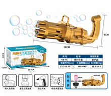 Cargar imagen en el visor de la galería, Pistola de burbuja en caja Máquina de burbujas eléctrica Gatling para niños, pistola de burbujas automática de oro y negro, función combinada de ventilador de pistola de juguete MOD 2025