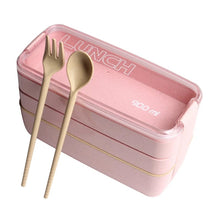 Cargar imagen en el visor de la galería, fiambrera ecológica Caja Bento para el almuerzo con cubiertos, fiambrera con 3 compartimentos de paja de trigo, apta para microondas, almacenamiento de alimentos, de 900ml MOD RO-7