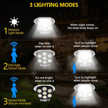 Cargar imagen en el visor de la galería, Lámpara Solar con detección de movimiento 77LED, iluminación de cámara simulada de seguridad de calle al aire libre con Control remoto IP65, foco de 3 modos para jardín. YH-2178T