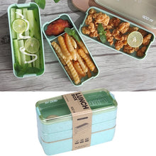 Cargar imagen en el visor de la galería, fiambrera ecológica Caja Bento para el almuerzo con cubiertos, fiambrera con 3 compartimentos de paja de trigo, apta para microondas, almacenamiento de alimentos, de 900ml MOD RO-7