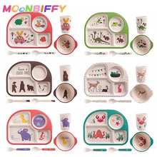 Cargar imagen en el visor de la galería, Juego de vajilla de fibra de bambú para niños y bebés, Set de 5 unids/set de animales de dibujos animados, plato, tazón, taza, tenedor, cuchara MOD HB-913