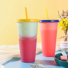 Cargar imagen en el visor de la galería, Paquete de 10 vaso mágico reutilizable de plástico portátil 710 ml con tapa y popote MOD 0011
