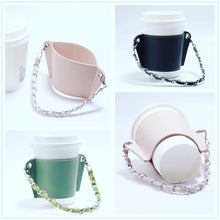 Cargar imagen en el visor de la galería, Portavaso para termo reutilizable con cadena de viaje ecológica para bebidas, funda para botella de café, soporte para taza de cuero PU MOD CADENA CHICA MANGA