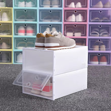 Cargar imagen en el visor de la galería, Caja para almacenamiento de zapatos, organizador de zapatos apilable de plástico, transparente BLANCO Y COLOR , plegable, cubierta antipolvo, F3, 1 unidad