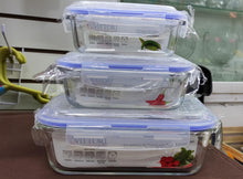 Cargar imagen en el visor de la galería, Juego de 3 pz hermético cristal Fiambrera portátil de vidrio transparente para almacenamiento de alimentos, contenedor escolar con calefacción por microondas, Bento Box,