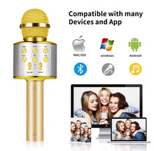Cargar imagen en el visor de la galería, Micrófono de Karaoke inalámbrico Altavoz Bluetooth, controles multifunción Micrófono de mano portátil 5 en 1 para cantar para fiesta
