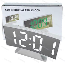 Cargar imagen en el visor de la galería, Reloj de pantalla curva, despertador Led Digital con pantalla de temperatura, reloj de espejo grande, repetición, mesita de noche, decoración de habitación MOD GS-5903
