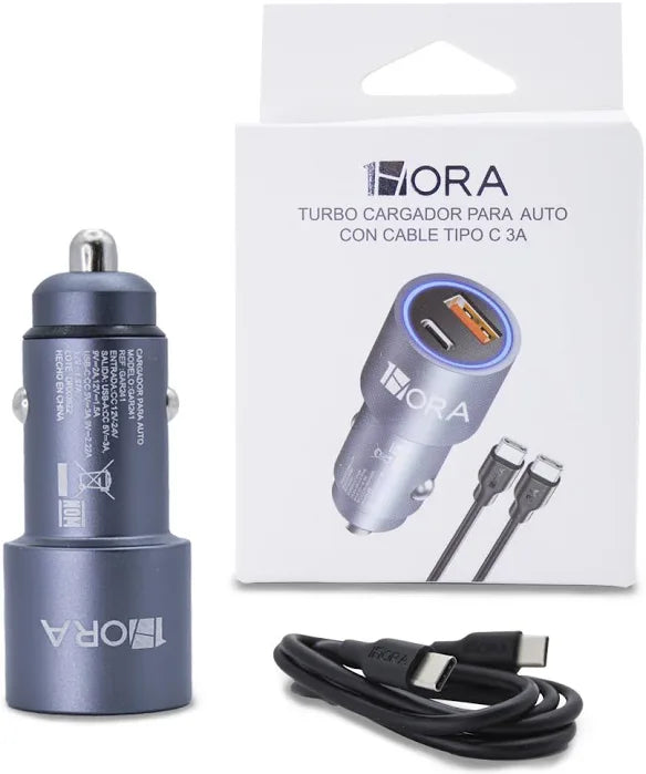 Turbo Cargador para Auto con Cable Tipo C de 3A 1Hora MOD GAR241