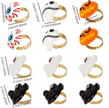 Cargar imagen en el visor de la galería, Juego de anillos ajustables para niños y adultos, 12 piezas, decoraciones de Halloween, globo ocular, fantasma, calabaza, murciélago, accesorios MOD 686196
