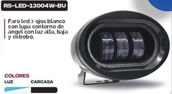 Faro de led 3 luces blanca de lupa contorno de ángel con luz alta baja y estrobo MOD RS-LED-13004W-BU