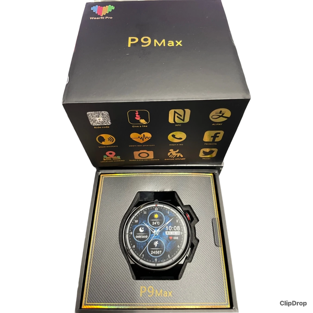 Reloj inteligente P9 MAX con Bluetooth, llamadas, NFC, Control de acceso, pago móvil, AI, asistente de voz, Modo deportivo, frecuencia cardíaca, oxígeno en sangre, salud