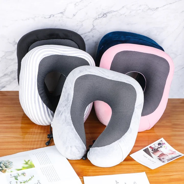 Almohada en forma de U de algodón con memoria para el cuello, almohada de viaje portátil de rebote lento