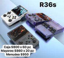 Cargar imagen en el visor de la galería, Consola de juegos retro de mano con más de 20,000 juegos y 256 juegos de GB juegos clásicos, consola de videojuegos retro visualización IPS de 3.5 pulgadas, color morado transparente, sistema Linux retro juego MOD  R36 S PRO
