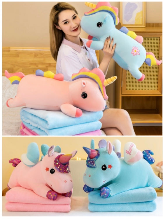 Almohada de felpa 2 en 1 con frazada, cojín con forma de unicornio arcoíris de dibujos animados