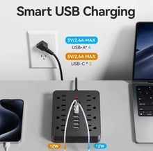 Cargar imagen en el visor de la galería, Protector contra sobretensiones de regleta de alimentación 14 en 1 con 8 salidas, 4 puertos USB y 2 puertos USB C, enchufe plano, soporte de pared, protección contra sobrecarga USB de escritorio MOD ZE-1153
