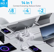 Cargar imagen en el visor de la galería, Protector contra sobretensiones de regleta de alimentación 14 en 1 con 8 salidas, 4 puertos USB y 2 puertos USB C, enchufe plano, soporte de pared, protección contra sobrecarga USB de escritorio MOD ZE-1153

