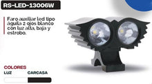 Cargar imagen en el visor de la galería, Fara auxiliar LED tipo águila, dos ojos blanco blanco, con luz alta, baja y Estrobo MOD RS-LED-13006W
