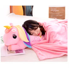 Cargar imagen en el visor de la galería, Almohada de felpa 2 en 1 con frazada, cojín con forma de unicornio arcoíris de dibujos animados
