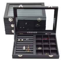 Cargar imagen en el visor de la galería, Joyero de cuero con tapa de vidrio negro mediano y grande para anillos, pendientes, pulseras, collares, pendientes, tachuelas MOD SSB41
