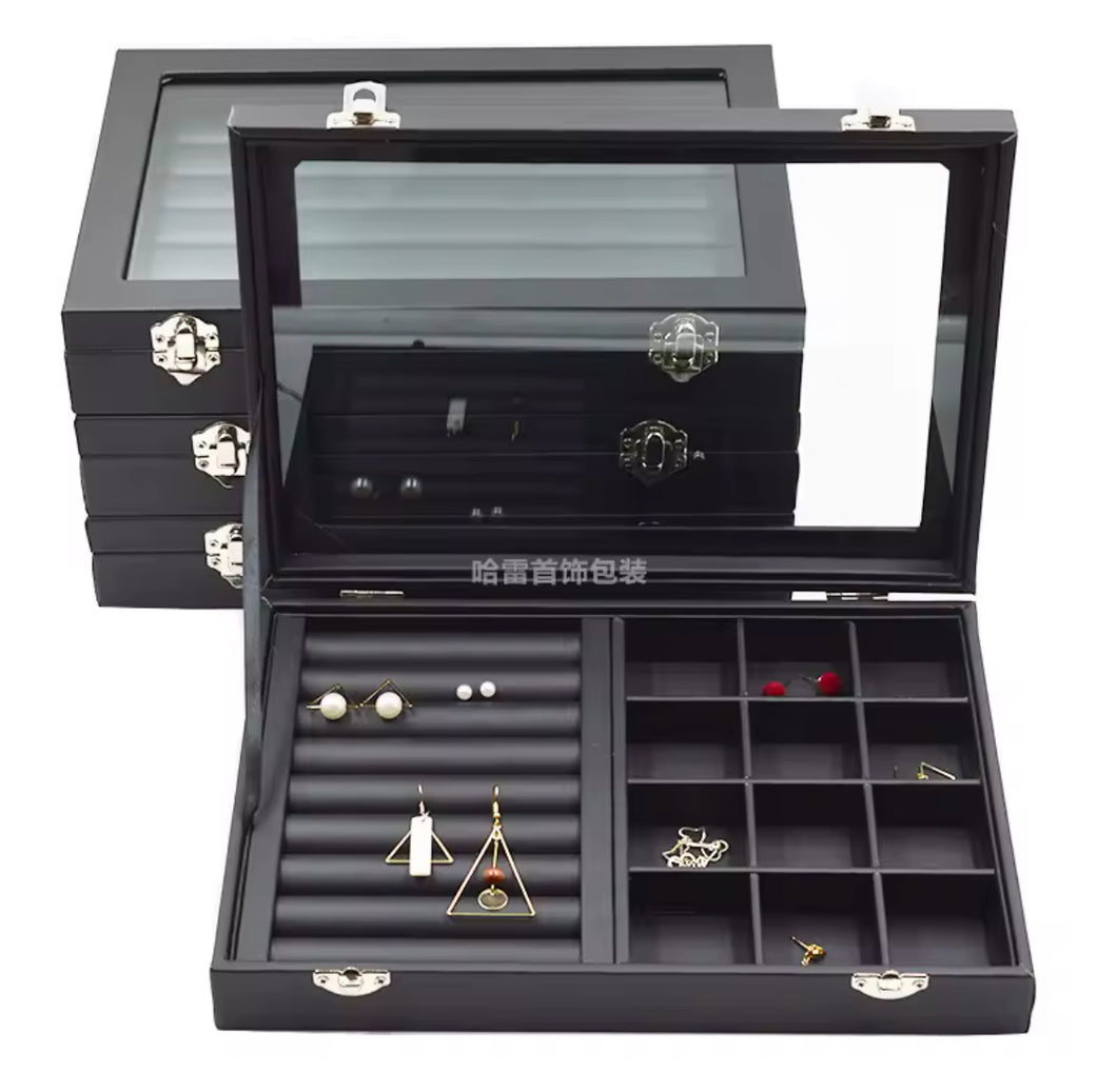 Joyero de cuero con tapa de vidrio negro mediano y grande para anillos, pendientes, pulseras, collares, pendientes, tachuelas MOD SSB41