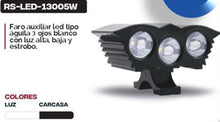 Cargar imagen en el visor de la galería, Faro auxiliar LED tipo águila, tres ojos blanco con luz alta, baja y Estrobo MOD RS-LED-13005W
