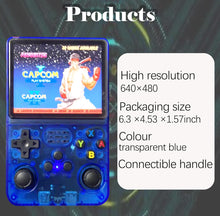 Cargar imagen en el visor de la galería, Consola de juegos retro de mano con más de 20,000 juegos y 256 juegos de GB juegos clásicos, consola de videojuegos retro visualización IPS de 3.5 pulgadas, color morado transparente, sistema Linux retro juego MOD  R36 S PRO
