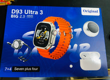 Cargar imagen en el visor de la galería, D93 ultra Smart Watch touch 5 in 1 medidor de ritmo cardiaco app , audífonos ,multicable usb entrada Lightning tipo C tipo v8 ,bocina bluethoo,correas para samrt Wach regalo perfecto MOD SD-107 D93 ultra
