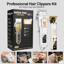 Cargar imagen en el visor de la galería, HIENA PRO Juego de cortapelos para hombre, profesional, inalámbrico, recargable, con visualización LED (blanco-LCD) MOD ZE-1219
