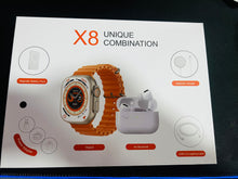 Cargar imagen en el visor de la galería, KID conjunto de regalo de reloj inteligente X8 kit de relojes con cargador inalámbrico X8 combo único 7 en 1 más correas power Bank  audífonos MOD SW-010 X8
