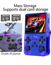 Cargar imagen en el visor de la galería, Consola de juegos retro de mano con más de 20,000 juegos y 256 juegos de GB juegos clásicos, consola de videojuegos retro visualización IPS de 3.5 pulgadas, color morado transparente, sistema Linux retro juego MOD  R36 S PRO
