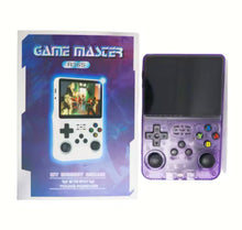 Cargar imagen en el visor de la galería, Consola de juegos retro de mano con más de 20,000 juegos y 256 juegos de GB juegos clásicos, consola de videojuegos retro visualización IPS de 3.5 pulgadas, color morado transparente, sistema Linux retro juego MOD  R36 S PRO
