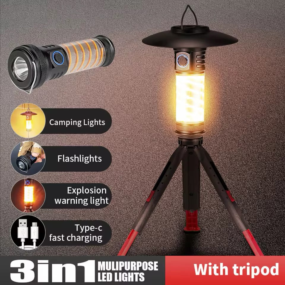 Lámpara 3 en 1 para acampar al aire libre con trípode, luz LED de ambiente tipo C, luz de tienda de carga, impermeable, 2000mAh para pesca y exploración MOD ZE-2180