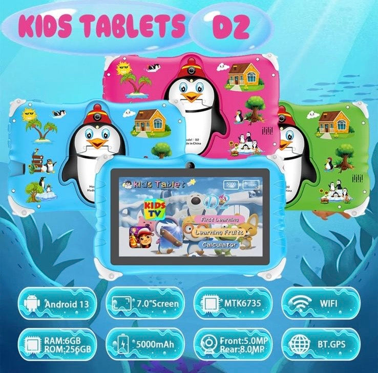 Tableta Android 2024 de 7 pulgadas para niños, Tablet educativa de estudio, Bluetooth, WiFi, con funda protectora bonita, regalo para niños 6 GB + 256 GB de memoria expandible a 1 T MOD D6