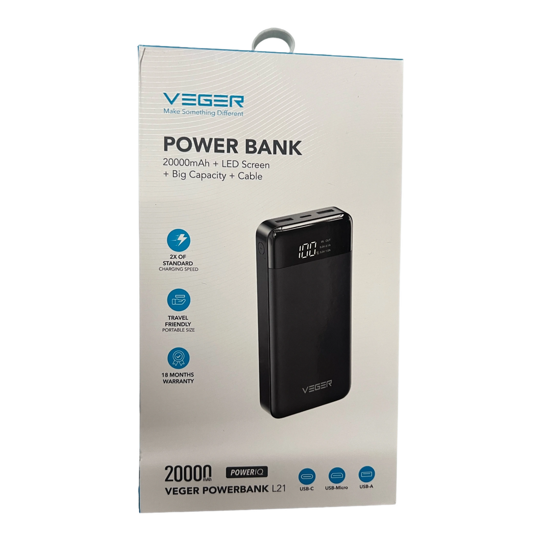 Power Bank Banco de energía de carga superrápida, cargador portátil, pantalla Digital, paquete de batería externa para iPhone y Xiaomi, 66W, 20000mAh MODELO VEGER