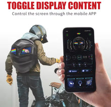 Cargar imagen en el visor de la galería, Nueva mochila con ojos de LED. porta casco contra agua resistente ,funciona app para ajustar los ojos desde tu celular diseño de fibra de carbono MOD T6-11
