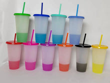 Cargar imagen en el visor de la galería, Paquete de 10 vaso mágico reutilizable de plástico portátil 710 ml  con tapa y popote MOD 0011
