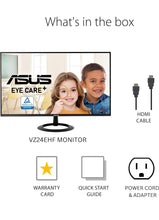 Cargar imagen en el visor de la galería, ASUS Monitor VZ24EHF Eye Care: 24 Pulgadas (23,8 Pulgadas visibles), IPS, Full HD, sin Marco, 100 Hz, sincronización adaptativa, MPRT de 1 ms, HDMI, luz Azul Baja, sin Parpadeo, Montaje en Pared
