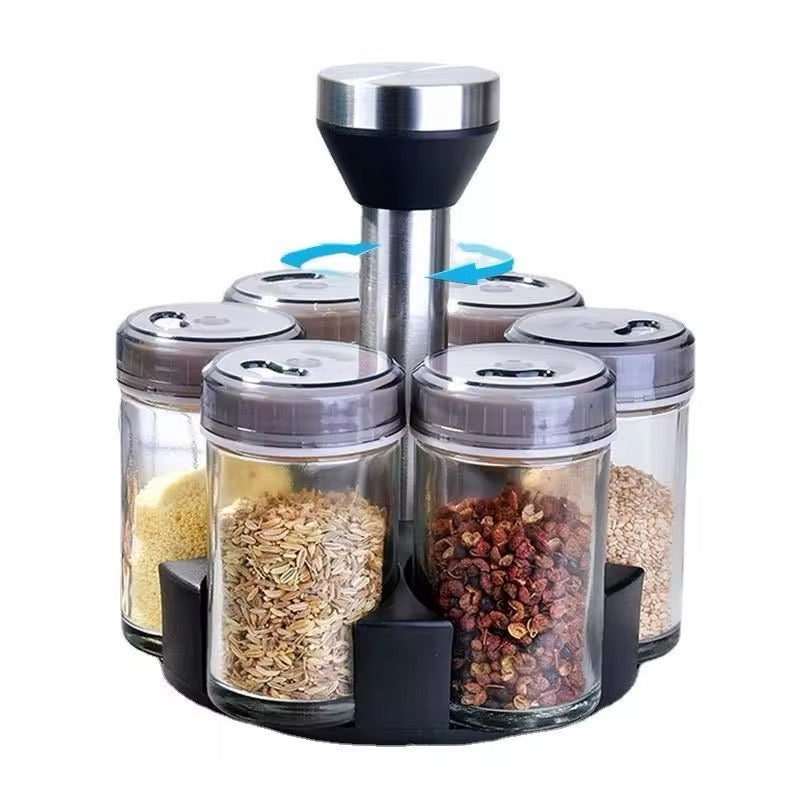 Estante organizador de especias giratorio de 6 tarros, acero especiero inoxidable, vidrio MOD ZE-1302