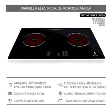 Cargar imagen en el visor de la galería, Parrilla eléctrica de vitrocerámica para empotrar, marca Supra, modelo Vitro Rosso-H, con dos quemadores VITRORROSSO H2Q
