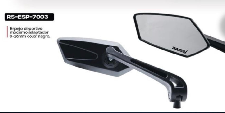 Espejo, retrovisor universal deportivo, moderno adaptador B-10mm color negro MOD RS-ESP-7003