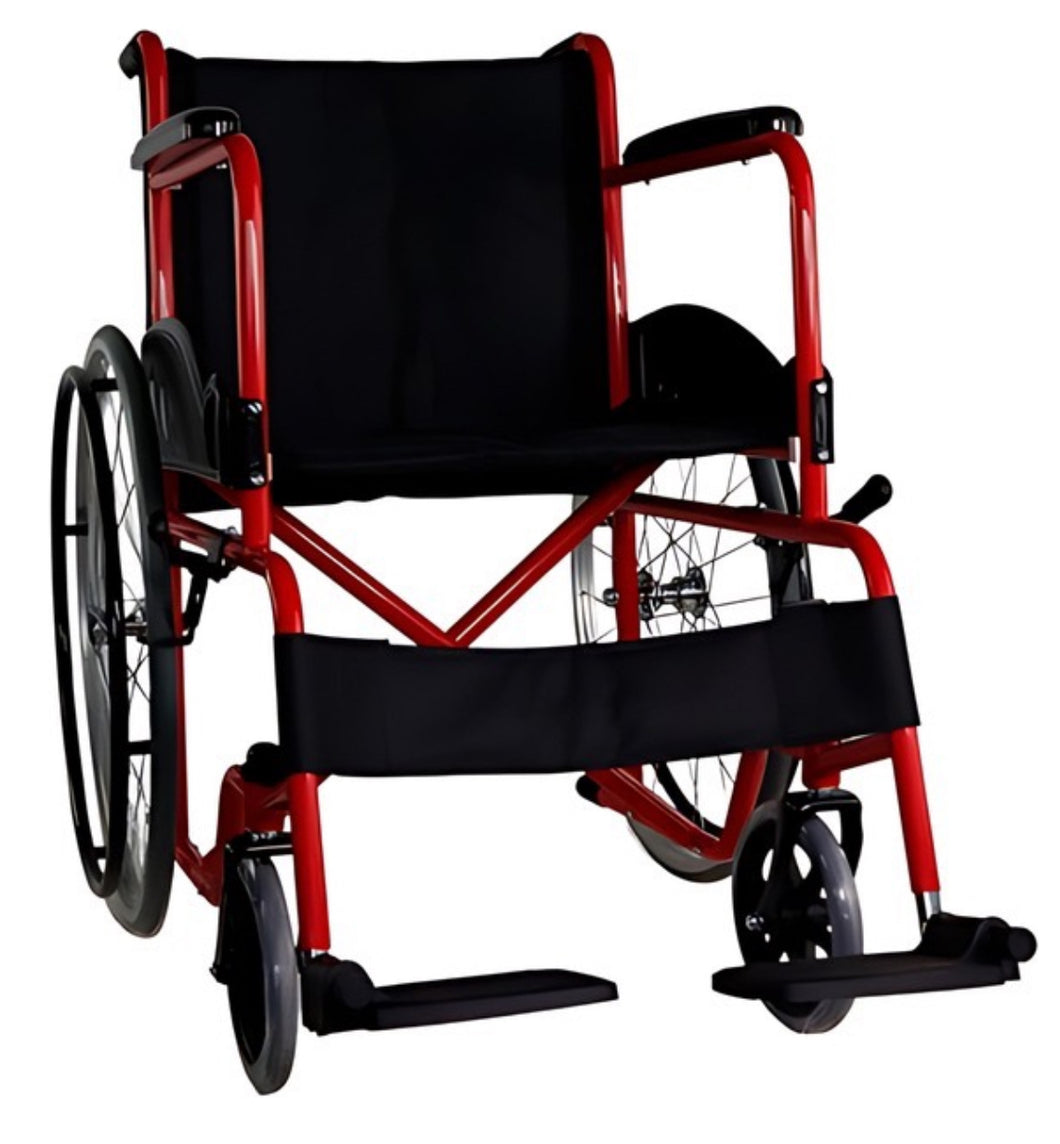 Silla De Ruedas Acero Plegable Economica Adulto Silla De Ruedas De Traslado Plegable Uso Rudo Descansa Pies Color Rojo y azul MOD G7