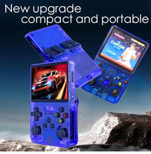 Cargar imagen en el visor de la galería, Consola de juegos retro de mano con más de 20,000 juegos y 256 juegos de GB juegos clásicos, consola de videojuegos retro visualización IPS de 3.5 pulgadas, color morado transparente, sistema Linux retro juego MOD  R36 S PRO

