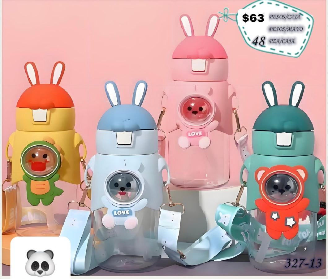 Botella de agua de dibujos animados Kawaii para niños, taza de plástico a prueba de caídas con pajita, hervidor escolar para niños y niñas MOD 327-13
